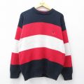 L★古着 トミーヒルフィガー 長袖 ブランド セーター メンズ 90年代 90s ワンポイントロゴ コットン クルーネック 赤他 ボーダー【spe】 25nov11