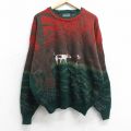 XL★古着 キャンパス 長袖 セーター メンズ 90年代 90s 犬 刺繍 アクリル クルーネック 緑他【spe】 25nov13
