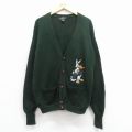 L★古着 長袖 ニット カーディガン メンズ 90年代 90s ルーニーテューンズ バッグスバニー 刺繍 ウール 緑 25nov18