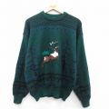 L★古着 長袖 セーター メンズ 90年代 90s シカ 刺繍 アクリル クルーネック 濃緑他 25nov19