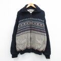 XL★古着 長袖 フルジップ ニット カーディガン メンズ 大きいサイズ 紺他 内側サーマル 25nov27