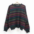XL★古着 長袖 セーター メンズ 00年代 00s フェアアイル 大きいサイズ アクリル クルーネック 黒他 25dec02