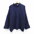 M★古着 長袖 ケーブル セーター メンズ 90年代 90s メリノウール モックネック ハイネック アイルランド製 紺【spe】 25dec04