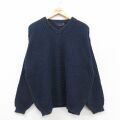 XL★古着 長袖 セーター メンズ 90年代 90s 手織り コットン Vネック USA製 紺 25dec05
