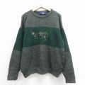 L★古着 ブラーニー 長袖 セーター メンズ 00年代 00s 犬 刺繍 ヒジ当て ウール クルーネック 緑他 25dec11