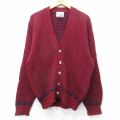 M★古着 長袖 ニット カーディガン メンズ 90年代 90s バーズアイ ウール USA製 エンジ他【spe】 25dec13