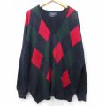 XL★古着 長袖 セーター メンズ 90年代 90s アーガイル 大きいサイズ ラムウール Vネック スコットランド製 紺他 25dec13