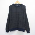 XL★古着 TRADER BAY 長袖 セーター メンズ 90年代 90s コットン クルーネック USA製 紺他 チェック 25dec16