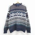 M★古着 長袖 ノルディック セーター メンズ 90年代 90s 雪柄 手織り コットン クルーネック USA製 紺【spe】 25dec19
