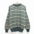 L★古着 長袖 セーター メンズ 90年代 90s フェアアイル コットン クルーネック USA製 緑 25dec19