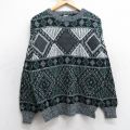 M★古着 長袖 セーター メンズ 90年代 90s 総柄 レザー使用 アクリル クルーネック 黒他 25dec26