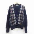 L★古着 長袖 ニット カーディガン メンズ 90年代 90s アーガイル シェットランドウール イングランド製 紺【spe】 25dec26