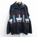 XL★古着 TEJIDOS RUMINAHUI 長袖 ニット カーディガン メンズ 90年代 90s アルパカ 襟付き ウール エクアドル製 紺他 25dec27