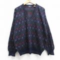 L★古着 長袖 セーター メンズ 80年代 80s アーガイル Vネック イタリア製 紺他 25dec27