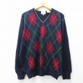 L★古着 長袖 セーター メンズ 90年代 90s アーガイル メリノウール Vネック イタリア製 紺他 26jan05