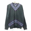 XL★古着 ペリーエリス 長袖 チルデン ケーブル セーター メンズ コットン Vネック 濃緑他 26jan06