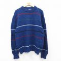 L★古着 長袖 セーター メンズ 90年代 90s ウール クルーネック USA製 紺他 ボーダー 26jan10