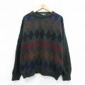 XL★古着 長袖 セーター メンズ 90年代 90s アーガイル クルーネック イタリア製 濃緑他 26jan17