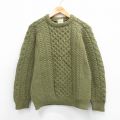 M★古着 長袖 アラン フィッシャーマン ケーブル セーター メンズ 90年代 90s ウール クルーネック アイルランド製 緑系【spe】26feb03
