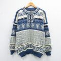 XL★古着 長袖 ノルディック セーター メンズ 90年代 90s 雪柄 手織り ウール 紺他 26feb12