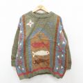 XL★古着 長袖 セーター メンズ 魚 手編み ハンドニット ウール クルーネック 緑系他 26feb13