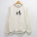 M★古着 長袖 セーター メンズ 90年代 90s シカ 鳥 刺繍 コットン クルーネック USA製 薄ベージュ他 26mar06