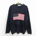 L★古着 ニューエラ 長袖 セーター メンズ 90年代 90s 星条旗 アクリル クルーネック USA製 紺 26apr17