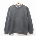 M★古着 トミーヒルフィガー 長袖 ブランド セーター メンズ 90年代 90s ワンポイントロゴ コットン クルーネック 濃グレー 26apr23