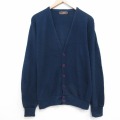 M★古着 長袖 ニット カーディガン メンズ 80年代 80s 無地 アクリル USA製 紺 26feb12