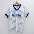 M★古着 エンパイア 半袖 ビンテージ Tシャツ メンズ 80年代 80s セントアンズ 16 Vネック USA製 白他 ホワイト ストライプ リンガー 25jul25 中古