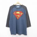 XL★古着 オールドネイビー OLD NAVY 7分袖 Tシャツ メンズ DCコミックス スーパーマン ツートンカラー ラグラン ロング丈 大きいサイズ クルーネック 紺 ネイビー 霜降り他 【spe】 25jul29 中古 7分丈 七分丈 七分袖