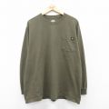 XL★古着 ディッキーズ Dickies 長袖 Tシャツ メンズ 無地 胸ポケット付き 大きいサイズ コットン クルーネック 濃緑 グリーン 25sep03 中古
