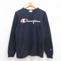 M★古着 チャンピオン champion 長袖 Tシャツ メンズ ビッグロゴ フロッキープリント コットン クルーネック 濃紺 ネイビー 25sep05 中古