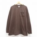 XL★古着 ラッセル 長袖 Tシャツ メンズ 無地 胸ポケット付き 大きいサイズ コットン クルーネック こげ茶 ブラウン 25sep29 中古