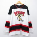 XL★古着 長袖 ビンテージ Tシャツ アイスホッケー ジャージ メンズ 90年代 90s ルーニーテューンズ トゥイーティー 大きいサイズ メッシュ地 Vネック カナダ製 白 ユニフォーム ゲームシャツ 26mar10