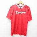 L★古着 プーマ puma 長袖 ビンテージ サッカー Tシャツ メンズ 90年代 90s Saugus ラグラン Vネック USA製 赤他 ストライプ 26apr02