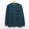 XL★古着 長袖 ビンテージ Tシャツ メンズ 90年代 90s 胸ポケット付き 鹿の子 大きいサイズ コットン モックネック ハイネック USA製 緑他 ボーダー 26apr03