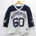 XL★古着 チャンピオン Champion 7分袖 ビンテージ フットボール Tシャツ メンズ 90年代 90s MARVEL WOOD 60 メッシュ地 Vネック USA製 紺他 26apr03