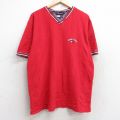 XL★古着 トミーヒルフィガー TOMMY HILFIGER トミージーンズ 半袖 ブランド Tシャツ メンズ 90年代 90s ワンポイントロゴ 大きいサイズ コットン Vネック 赤 レッド ストライプ 25aug25 中古