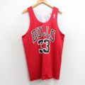 L★古着 チャンピオン champion タンクトップ メンズ NBA シカゴブルズ 33 メッシュ地 リバーシブル ロング丈 クルーネック 赤 レッド バスケットボール ユニフォーム ゲームシャツ 25jul10 中古