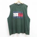 XL★古着 トミーヒルフィガー TOMMY HILFIGER トミージーンズ ノースリーブ ブランド Tシャツ メンズ 90年代 90s ビッグロゴ 大きいサイズ コットン クルーネック 緑 グリーン 25jul17 中古