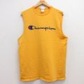 L★古着 チャンピオン champion ノースリーブ Tシャツ メンズ ビッグロゴ 刺繍 コットン クルーネック 黄 イエロー 25jul18 中古