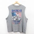 【50%OFF】XL★古着 ノースリーブ Tシャツ メンズ バイク 星条旗 大きいサイズ クルーネック グレー 霜降り 25aug23 中古