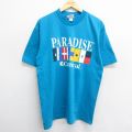L★古着 半袖 ビンテージ Tシャツ メンズ 90年代 90s PARADISE 国旗 コットンクルーネック 水色 24jun27 中古