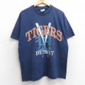 L★古着 半袖 ビンテージ Tシャツ メンズ 90年代 90s MLB デトロイトタイガース コットン クルーネック USA製 紺 ネイビー メジャーリーグ ベースボール 野球 25may07 中古