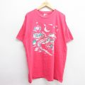 XL★古着 半袖 ビンテージ Tシャツ メンズ 90年代 90s 木 川 月 大きいサイズ ロング丈 クルーネック USA製 濃ピンク 25may23 中古