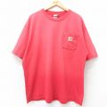 XL★古着 カーハート Carhartt 半袖 ビンテージ Tシャツ メンズ 90年代 90s ワンポイントロゴ 胸ポケット付き 大きいサイズ クルーネック USA製 赤 レッド 25jul26 中古