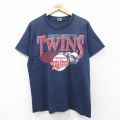 L★古着 フルーツオブザルーム 半袖 ビンテージ Tシャツ メンズ 90年代 90s MLB ミネソタツインズ コットン クルーネック USA製 紺 ネイビー メジャーリーグ ベースボール 野球 25aug02 中古