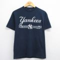 M★古着 半袖 ビンテージ Tシャツ メンズ 00年代 00s MLB ニューヨークヤンキース クルーネック 紺 ネイビー メジャーリーグ ベースボール 野球 25aug08 中古