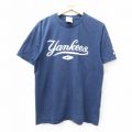 L★古着 ナイキ NIKE 半袖 ビンテージ Tシャツ メンズ 00年代 00s MLB ニューヨークヤンキース コットン クルーネック 紺 ネイビー メジャーリーグ ベースボール 野球 25aug08 中古